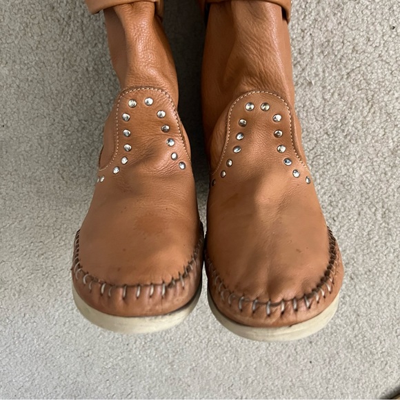 Vintage ‘Hector Riccione’ Pull Up Caramel Tan Calfskin Moccasin Boots Stud Tie - Picture 6 of 16
